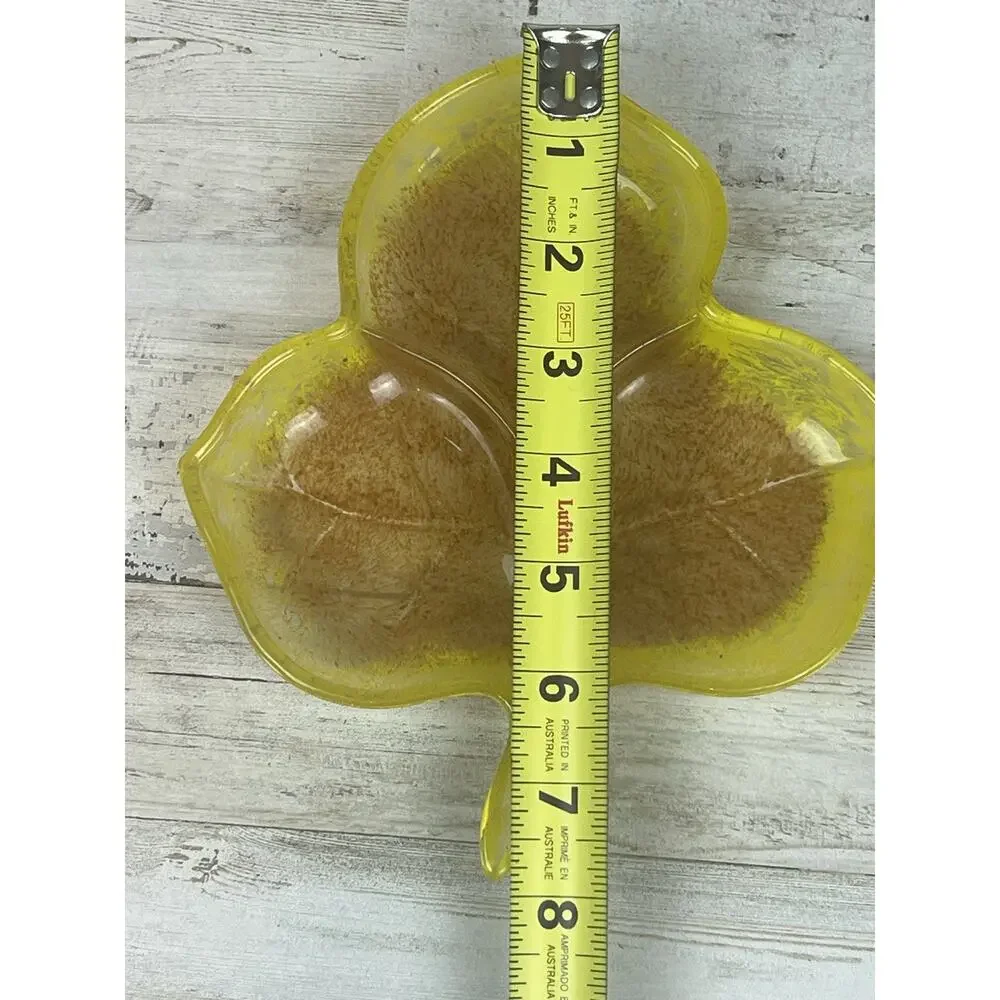Vintage Amber Yellow Leaf Divided Candy Nut Dish Pressed Glass Trinket Tray